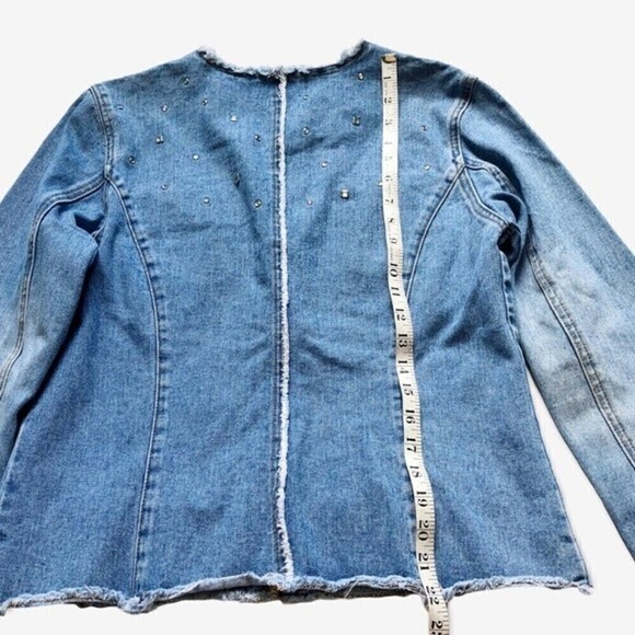 Vintage 80s Express Denim Jean Jacket Studded Fitted Collarless Inside Out Seams - Picture 14 of 16